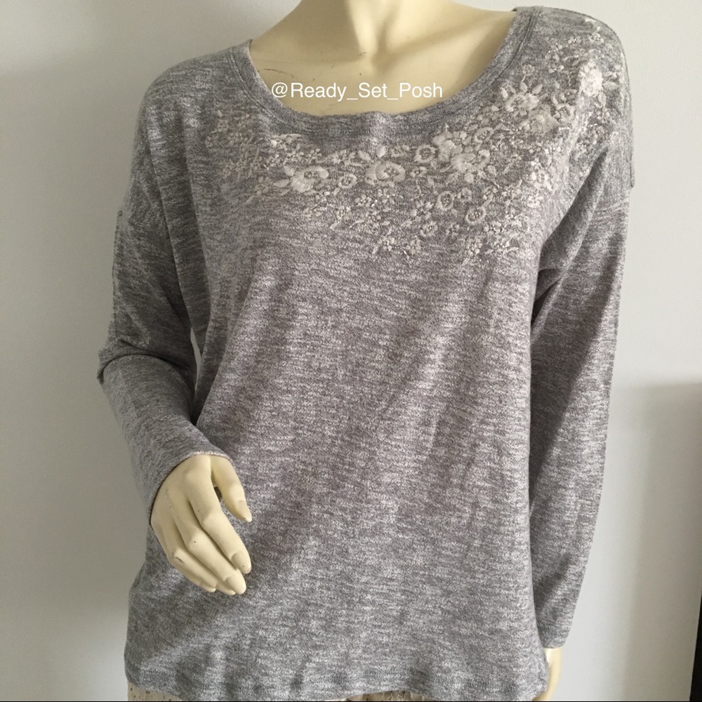 Aerie long sleeve embroidered knit shirt with scoop neck